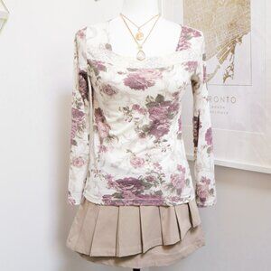 Dusty Rose Print Lace Trim Long Sleeve Tee 💐 ROSA CHERI